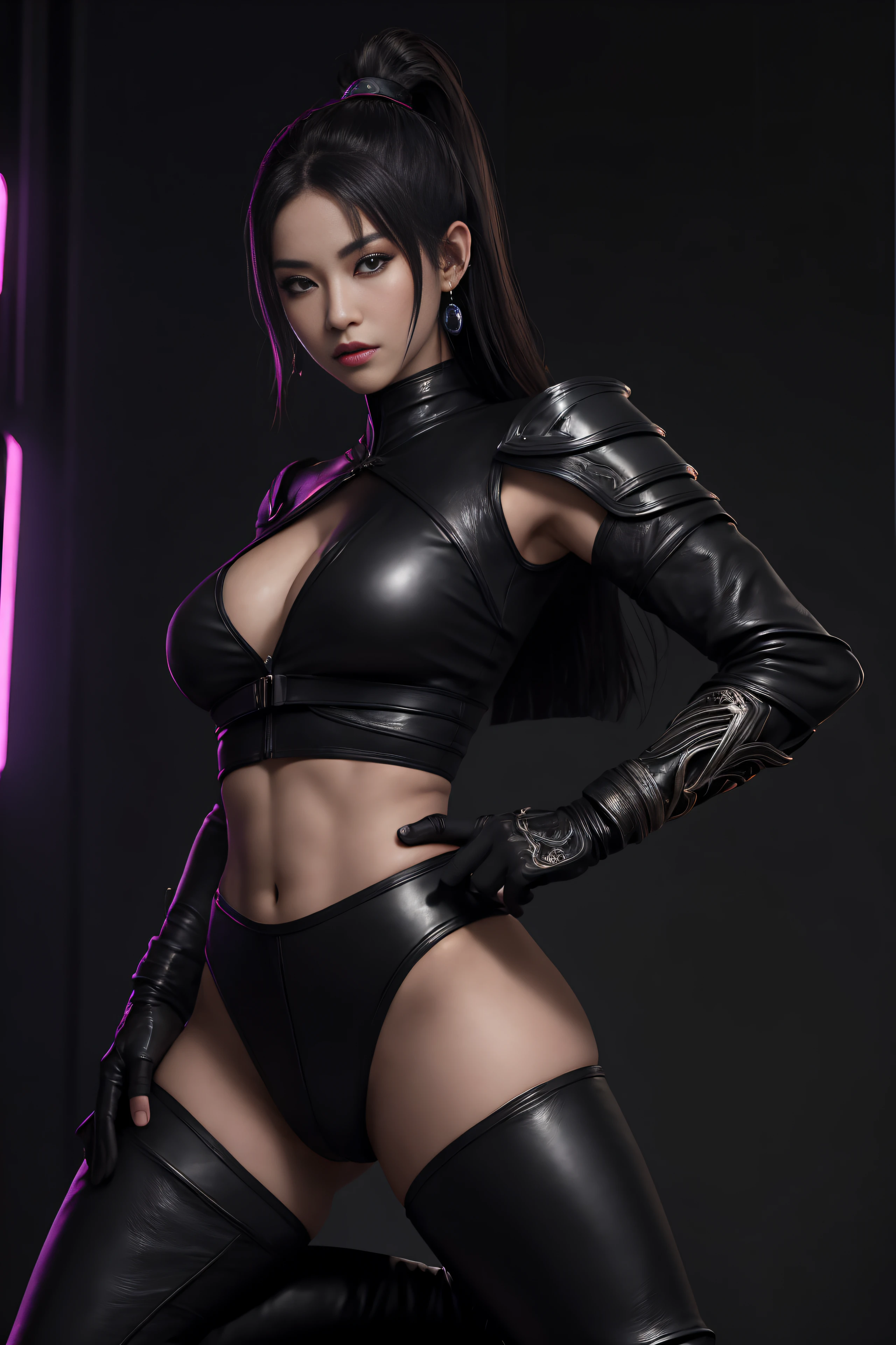 (masterpiece, top quality, best quality, official art, beautiful and aesthetic:1.2), (1girl:1.3), (fractal art:1.3), solo, Jade from mortal kombat, Mortal Kombat video game, black headband, long hair, huge breasts, beautiful faces, Asian lady, leather black ninja uniform for lady, black gloves, black brown hair, black leather long socks, long black footwear, sexy ninja black leather uniform , earrings, midriff, navel, toned, looking at viewer, full body, fighting stance, the background behind very dark and black, bright neon lighting