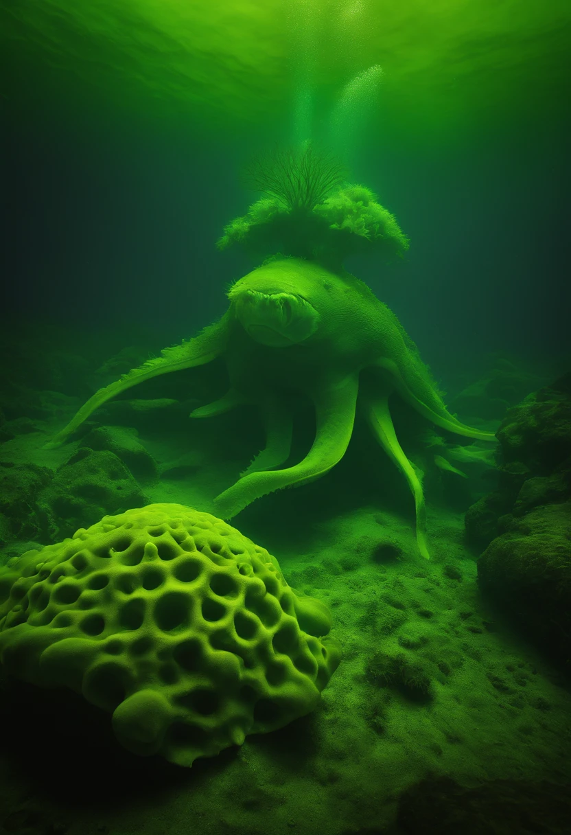Under the shroud of nuclear contamination, Marine life around the world began to mutate, Transform into a monster form. The entire picture is covered in fluorescent green tones, Symbolizes nuclear radiation. Light shines down from the surface of the water, The bizarre shapes that illuminate these mutant creatures. The picture has a wide depth of field, The endless ocean is filled with the figures of these monsters, Form a big picture.,Kunxing Magazine,