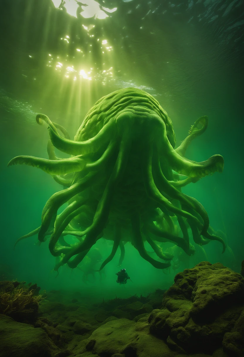 Under the shroud of nuclear contamination, Marine life around the world began to mutate, Transform into a monster form. The entire picture is covered in fluorescent green tones, Symbolizes nuclear radiation. Light shines down from the surface of the water, The bizarre shapes that illuminate these mutant creatures. The picture has a wide depth of field, The endless ocean is filled with the figures of these monsters, Form a big picture.,Kunxing Magazine,