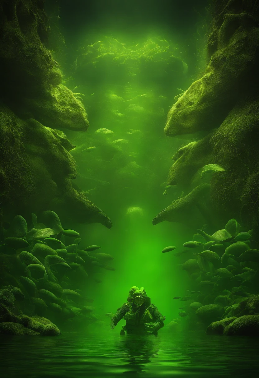 Under the shroud of nuclear contamination, Marine life around the world began to mutate, Transform into a monster form. The entire picture is covered in fluorescent green tones, Symbolizes nuclear radiation. Light shines down from the surface of the water, The bizarre shapes that illuminate these mutant creatures. The picture has a wide depth of field, The endless ocean is filled with the figures of these monsters, Form a big picture.,Kunxing Magazine,