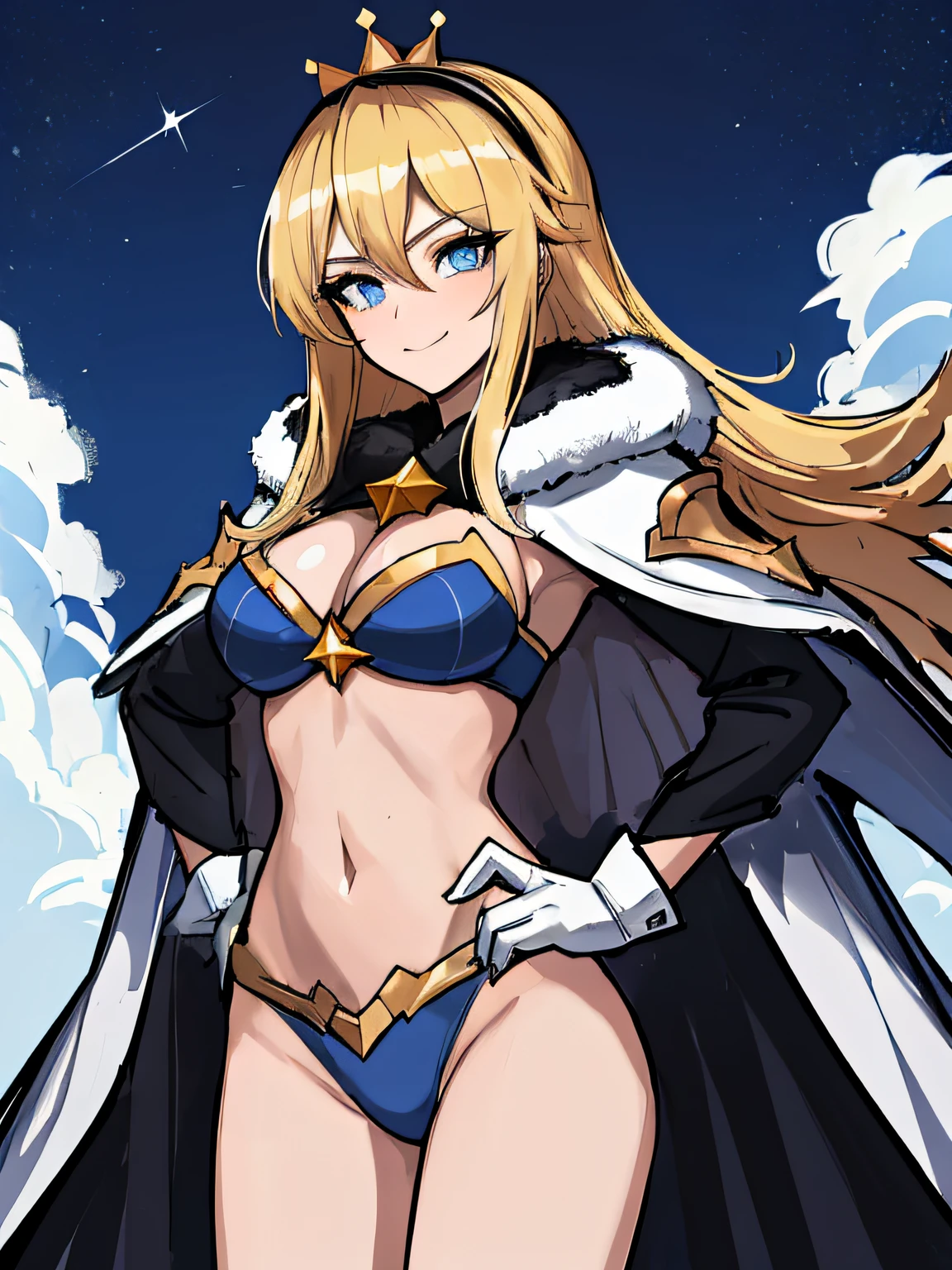 (absurdres, 8k, 4k, masterpiece, hyper extreme detailed:1.2), solo, 1girl, portrait, best quality, expressive eyes, perfect face, 1girl, portrait, solo, Female, mature female, adult, perfect anatomy, lux, luxanna crownguard, league of legends, cowboy shot, looking at viewer, 1girl, solo, blonde hair, royal crown, fur cloak, white hairband, long hair, standing, heroic, leader, friendly, justice, king's crown, floating crown, royal, understanding, friendly, heroic, ripped clothing, gloves, blue eyes, stars, hopes, dreams, blue sky, night time, midriff, star on shirt, closed mouth smile, swimsuit, star bikini, two piece, hands on hips,