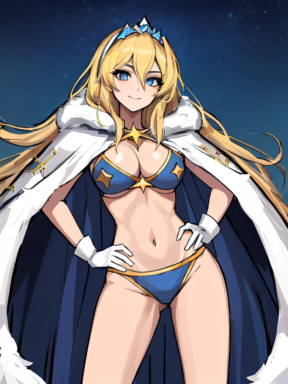 (absurdres, 8k, 4k, masterpiece, hyper extreme detailed:1.2), solo, 1girl, portrait, best quality, expressive eyes, perfect face, 1girl, portrait, solo, Female, mature female, adult, perfect anatomy, lux, luxanna crownguard, league of legends, cowboy shot, looking at viewer, 1girl, solo, blonde hair, royal crown, fur cloak, white hairband, long hair, standing, heroic, leader, friendly, justice, king's crown, floating crown, royal, understanding, friendly, heroic, ripped clothing, gloves, blue eyes, stars, hopes, dreams, blue sky, night time, midriff, star on shirt, closed mouth smile, swimsuit, star bikini, two piece, hands on hips,