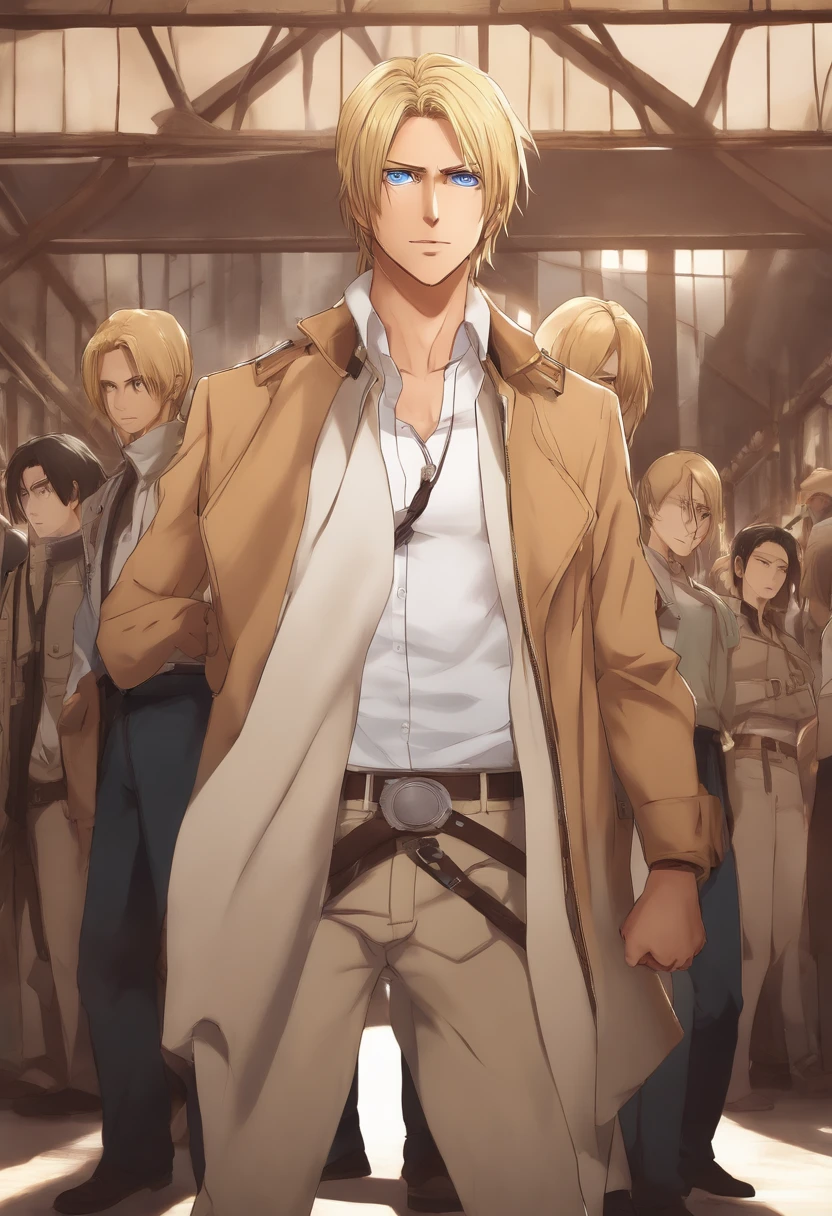 Anime, Attack On Titan, Marleyan, Tybur family, 30 year old man, medium length blonde hair going down to the end of his head, wearing a beige bomber jacket with white buttoned t-shirt, blue eyes, lean physique.