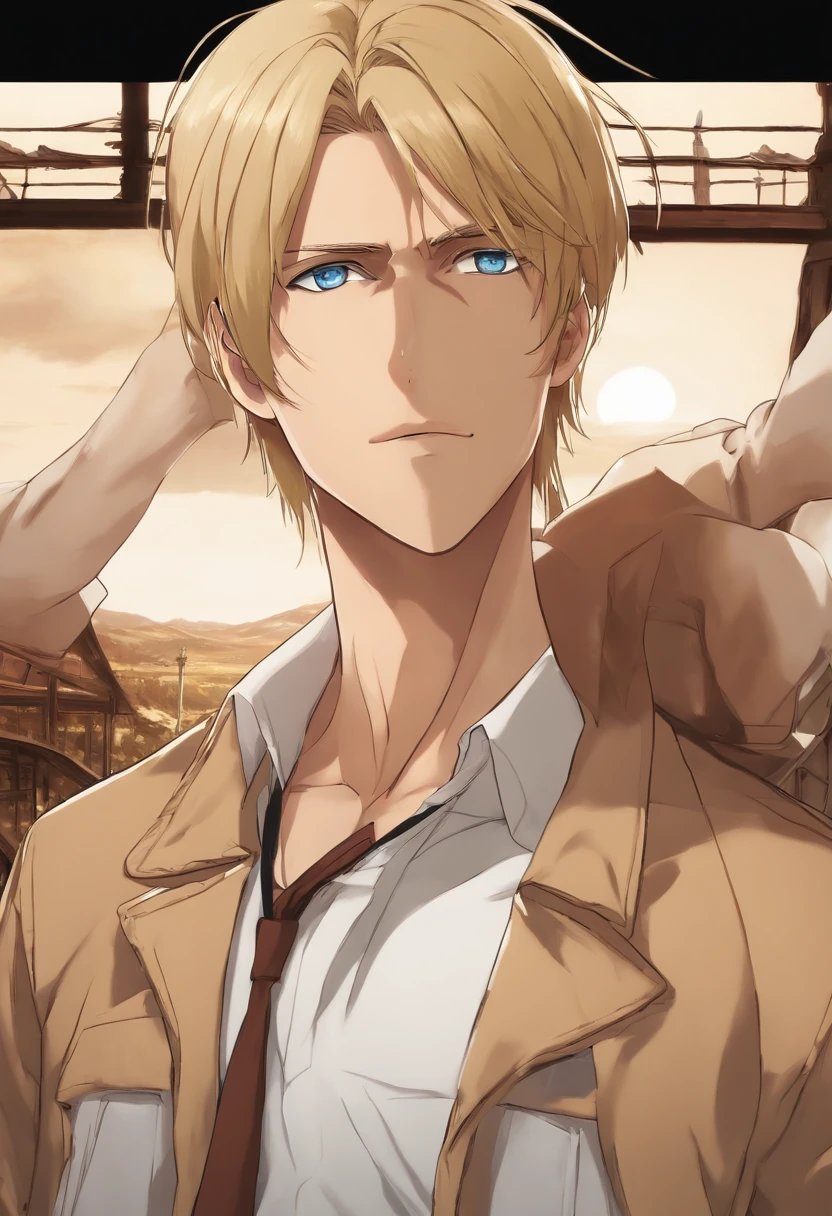 Anime, Attack On Titan, Marleyan, Tybur family, 30 year old man, medium length blonde hair going down to the end of his head, wearing a beige bomber jacket with white buttoned t-shirt, blue eyes, lean physique.