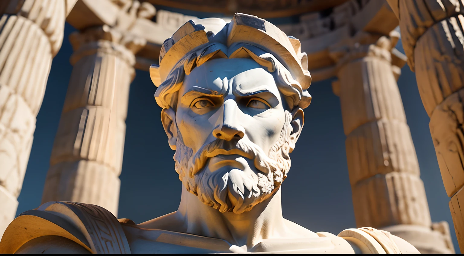 Ancient Greek statue with angry expression, tem barba, Filmado em Sony A7S III com Sony FE 35mm f/1.8, 12.1 MP, --AR 3:2 --estilo cru