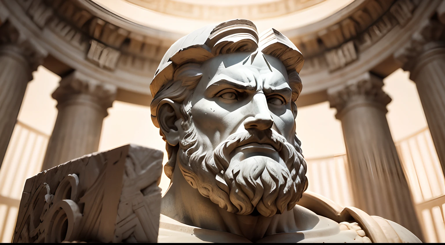 Ancient Greek statue with angry expression, tem barba, Filmado em Sony A7S III com Sony FE 35mm f/1.8, 12.1 MP, --AR 3:2 --estilo cru