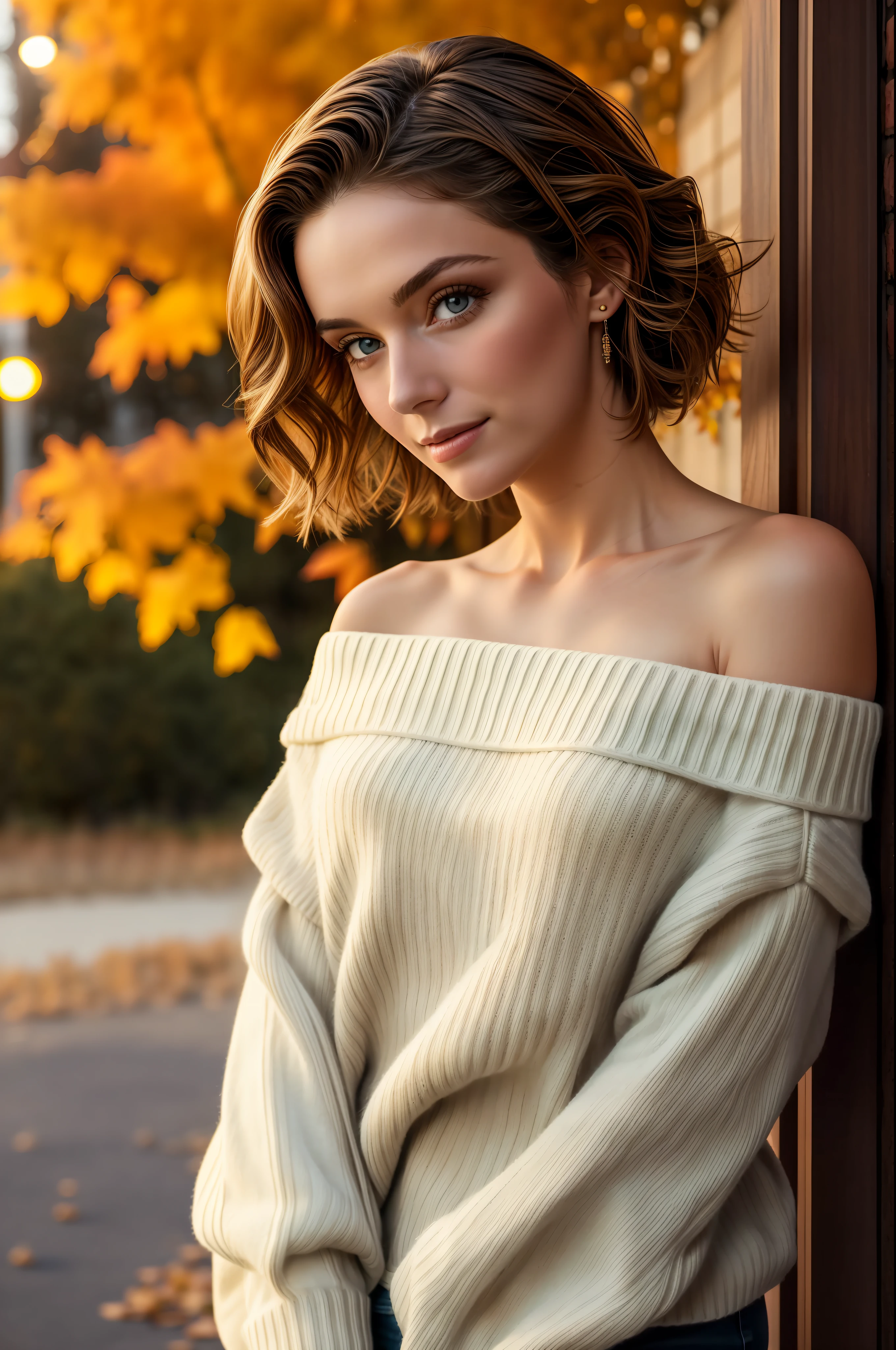 mid-shot, a beautiful woman looking into camera, off shoulder sweater by Chris Foss autumn lights