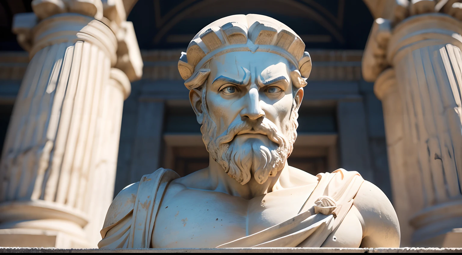 Ancient Greek statue with angry expression, tem barba, Filmado em Sony A7S III com Sony FE 35mm f/1.8, 12.1 MP, --AR 3:2 --estilo cru