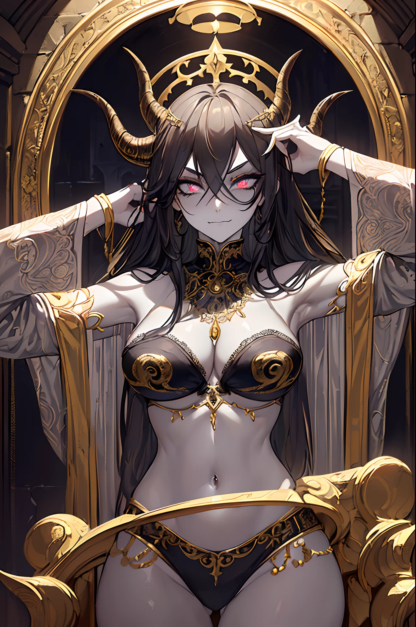 Woman tiefling with (gold eyes:1.2), (tall and mischievous:1.2), (grey skin:1.2), (big perfect breasts:1.2), (long black emo hair:1.2), (horns:1.2), (black intricate ornate lingerie:1.2), (exposed navel:1.3), (in a medieval castle:1.2), (doing a sexy pose:1.2), (dynamic lighting:1.2), (centered in frame), (highly detailed:1.3), 8k wallpaper, (detailed face and eyes:1.4).