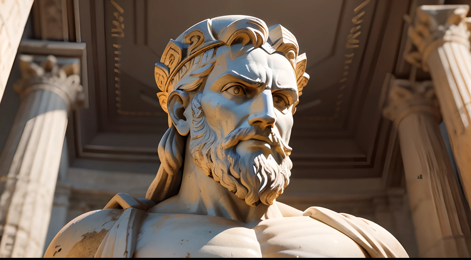 Ancient Greek statue with angry expression, tem barba, Filmado em Sony A7S III com Sony FE 35mm f/1.8, 12.1 MP, --AR 3:2 --estilo cru