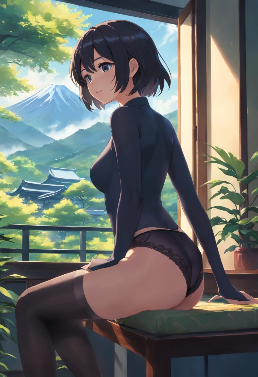 (a)girl with a black-headed appearance, wearing sexy(black) underwear, black high heels, and black stockings, sitting on a traditional Japanese classic room [black-headed:1.1, blue dashes]. The view outside the window is of a misty mountain, surrounded by misty sakura trees [view from a misty mountain, view from a (misty) sakura trees]. The image should have the best quality, be ultra-detailed, and realistic [best quality, 4k, 8k, highres, masterpiece:1.2, ultra-detailed, (realistic, photorealistic, photo-realistic:1.37)]. The artwork should have a portrait-style artistry with vivid colors and professional lighting [portraits, professional, vivid colors, studio lighting]. The overall color tone should be black and the lighting should create a mysterious atmosphere [black color tone, mysterious lighting]. with medium sized boobs