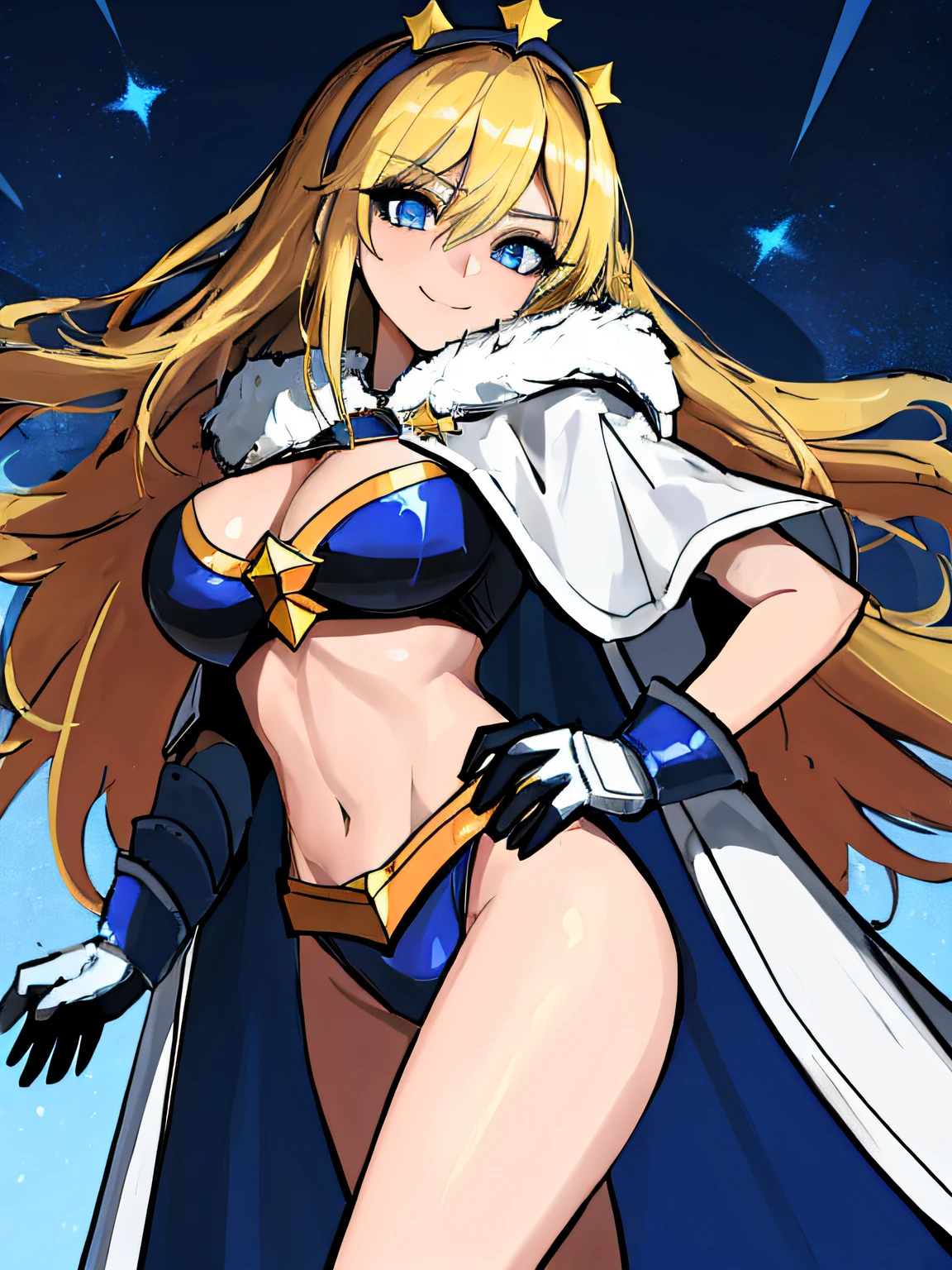 (absurdres, 8k, 4k, masterpiece, hyper extreme detailed:1.2), solo, 1girl, portrait, best quality, expressive eyes, perfect face, 1girl, portrait, solo, Female, mature female, adult, perfect anatomy, lux, luxanna crownguard, league of legends, cowboy shot, looking at viewer, 1girl, solo, blonde hair, royal crown, fur cloak, white hairband, long hair, standing, heroic, leader, friendly, justice, king's crown, floating crown, royal, understanding, friendly, heroic, ripped clothing, gloves, blue eyes, stars, hopes, dreams, blue sky, night time, midriff, star on shirt, closed mouth smile, swimsuit, star bikini, two piece, hands on hips,
