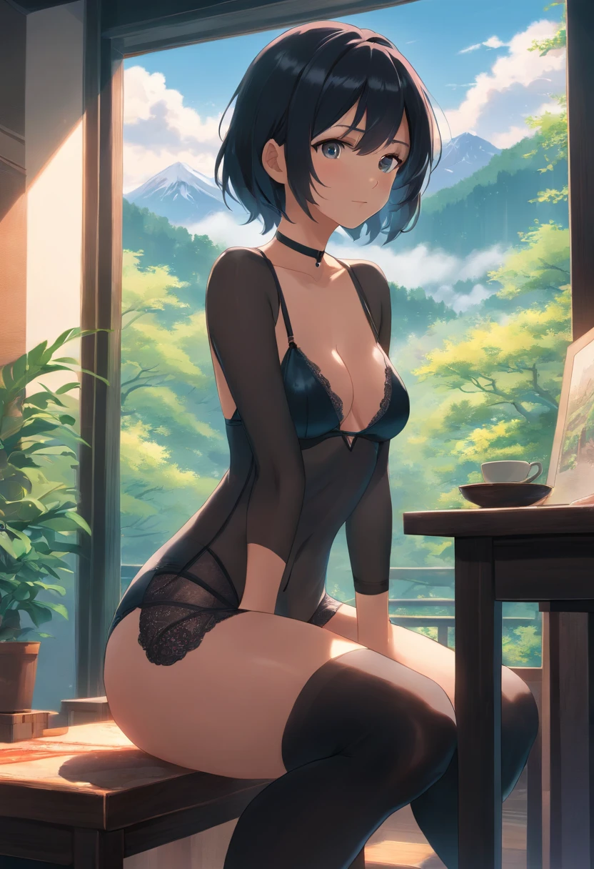 (a)girl with a black-headed appearance, wearing sexy(black) underwear, black high heels, and black stockings, sitting on a traditional Japanese classic room [black-headed:1.1, blue dashes]. The view outside the window is of a misty mountain, surrounded by misty sakura trees [view from a misty mountain, view from a (misty) sakura trees]. The image should have the best quality, be ultra-detailed, and realistic [best quality, 4k, 8k, highres, masterpiece:1.2, ultra-detailed, (realistic, photorealistic, photo-realistic:1.37)]. The artwork should have a portrait-style artistry with vivid colors and professional lighting [portraits, professional, vivid colors, studio lighting]. The overall color tone should be black and the lighting should create a mysterious atmosphere [black color tone, mysterious lighting]. with medium sized boobs