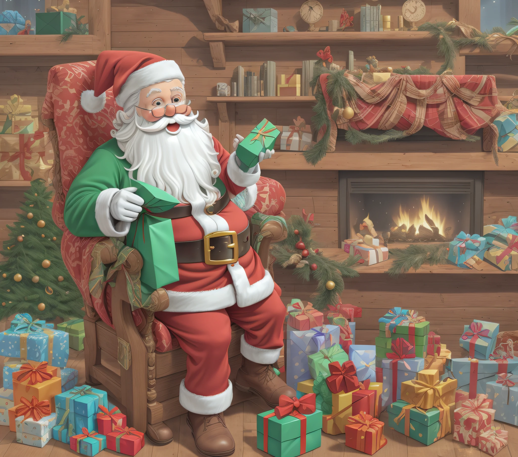 santa claus sitting in a chair with presents all around him, santa's workshop, santa inside a rustic barn, sitting on santa, santa claus, santa clause, 2 5 6 x 2 5 6, 256x256, full color illustration, santa, twas brillig, by Brian Thomas, 4 k detail, 4k detail, by senior artist