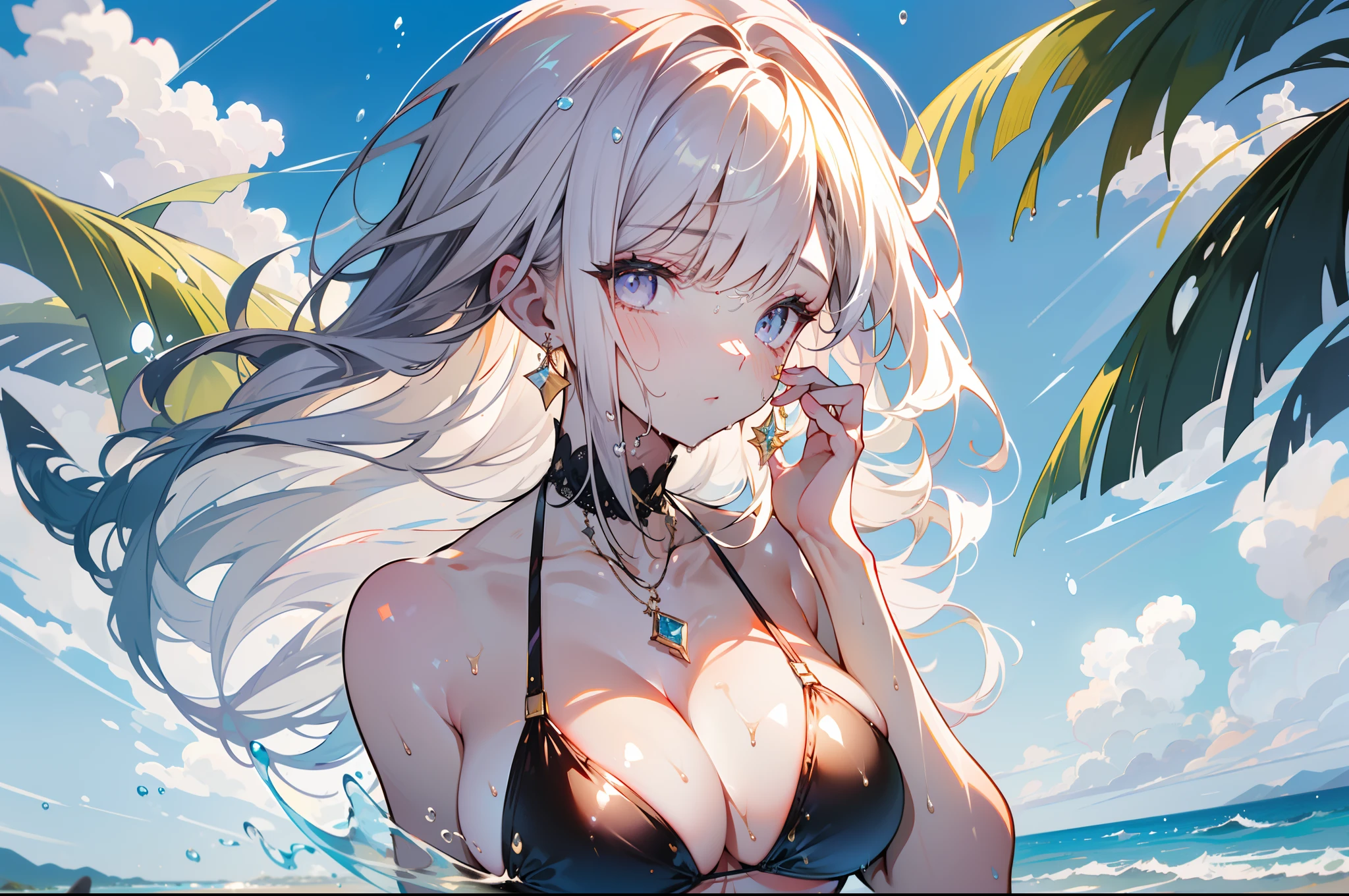 (NSFW:0.3),1 beauty, (Light Purple Eyeshadow),Platinum Blonde Perm Hair, thick body、(thick neck:1.4)、(broad shoulders:1.4)、(Smaller face)、(pointed breast:1.6)、Big body、Model body type、Sharp eyes、Watery Big Eyes、Face in love:1.2、Wet whole body, ((Champagne Gold Bikini Swimsuit:1.2)),(wet and disheveled hair,:1.4),(Perfect fingers:1.4)、(Heavy sweat on the face:1.2), Splattering splashes shine:2, fine splashes on the body、(facefocus:1.4)、(Platinum necklace and large earrings)、Sandy beach at dusk、a paradise