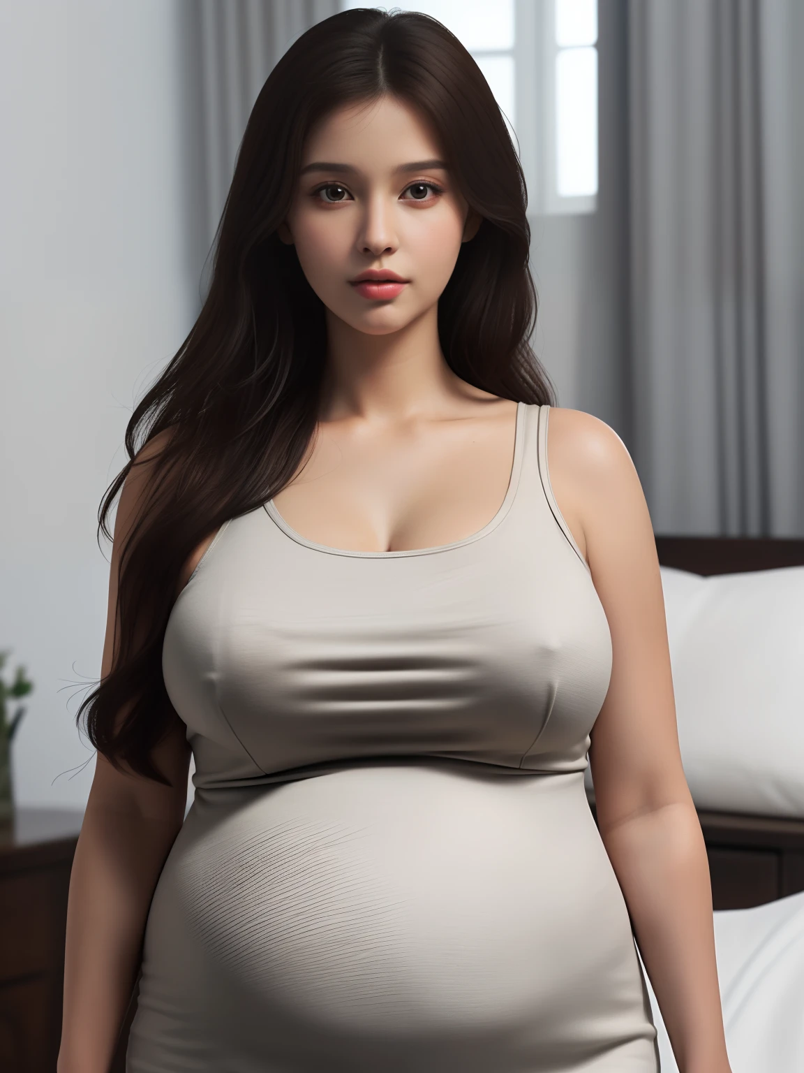 (Extremely detailed, In a cozy interior, Slightly fat, plumw, Bigchest, Gigantic big tits, huge pregnant, Refined face, sexy for, Wearing a brown crewneck dress, Tight jumpdress, sleeveless Slip dress, k hd, Close-up Shot Shot, photorealistic perfect body, very very very realistic)