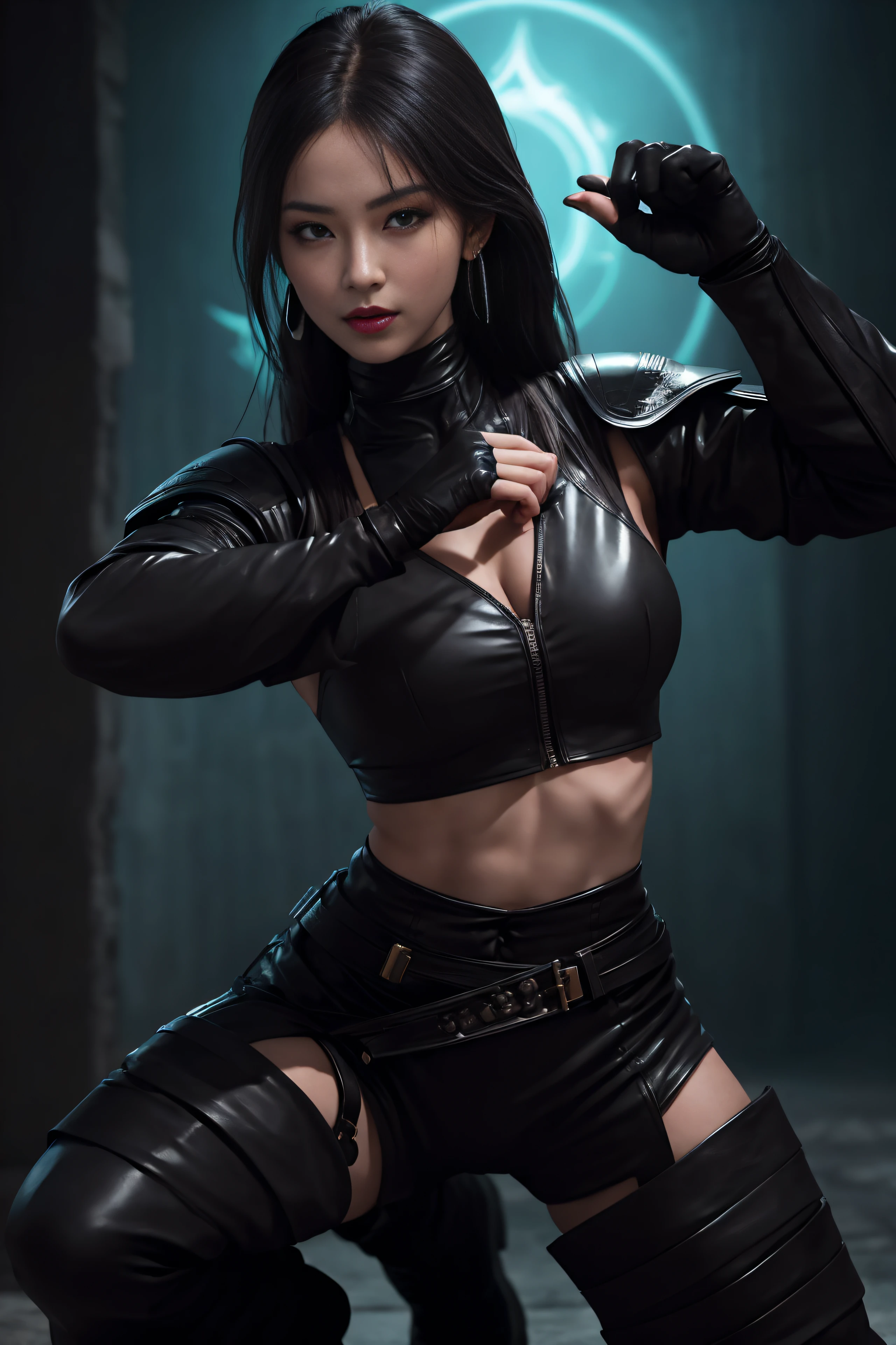 (masterpiece, top quality, best quality, official art, beautiful and aesthetic:1.2), (1girl:1.3), (fractal art:1.3), solo, Jade from mortal kombat, Mortal Kombat video game, black headband, long hair, large breasts, deep cleavage, beautiful face, Asian lady, leather black ninja uniform for lady, black gloves, black brown hair, black leather long socks, long black footwear, sexy ninja black leather uniform , earrings, midriff, navel, toned, looking at viewer, full body, fighting stance, the background behind very dark and black, bright neon lighting