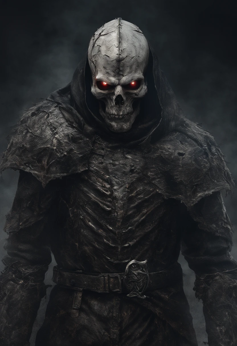 An undead paladin with a split jaw and empty eye sockets, gloomy atmosphere, rojo