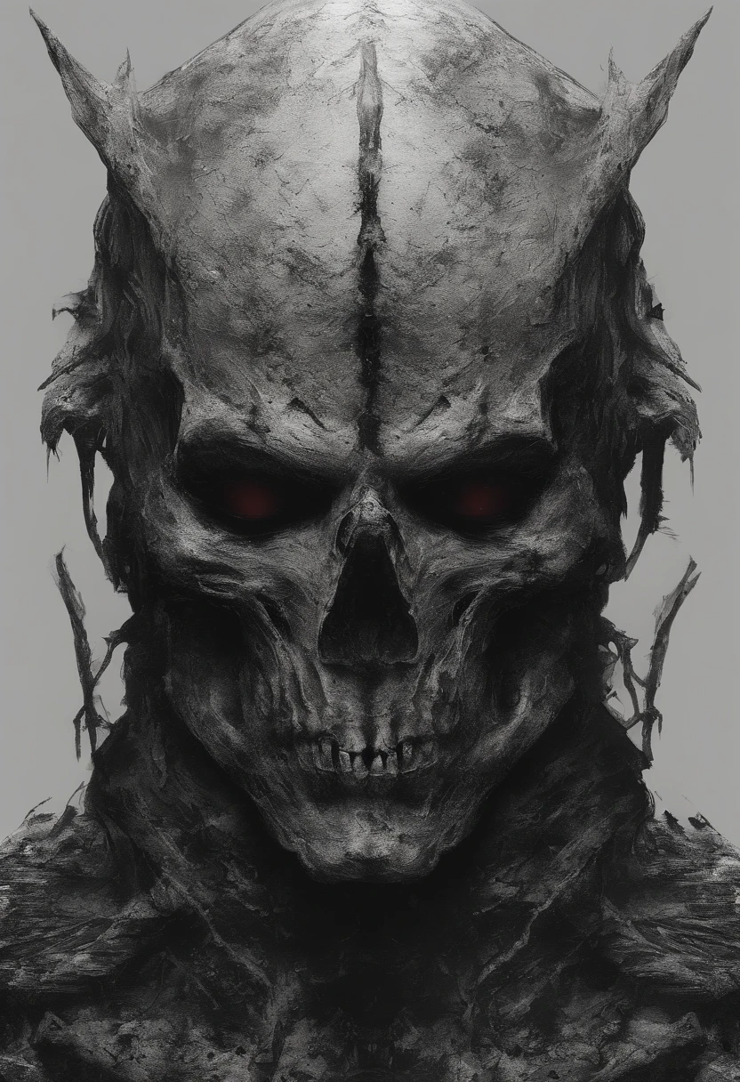 An undead paladin with a split jaw and empty eye sockets, gloomy atmosphere, rojo