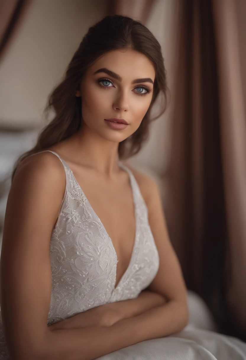 Arafed woman in full , Sexy girl with blue eyes, ultra realistis, Meticulous detail, portrait sophie mudd, brown hair and large eyes, selfie of a young woman, Dubai's Eyes, violet myers, no makeup, natural makeup, looking straight at camera, face with artgram, fine makeup, Stunning full-length shot, kneeling on the bed, in bedroom, Medium to large size bust