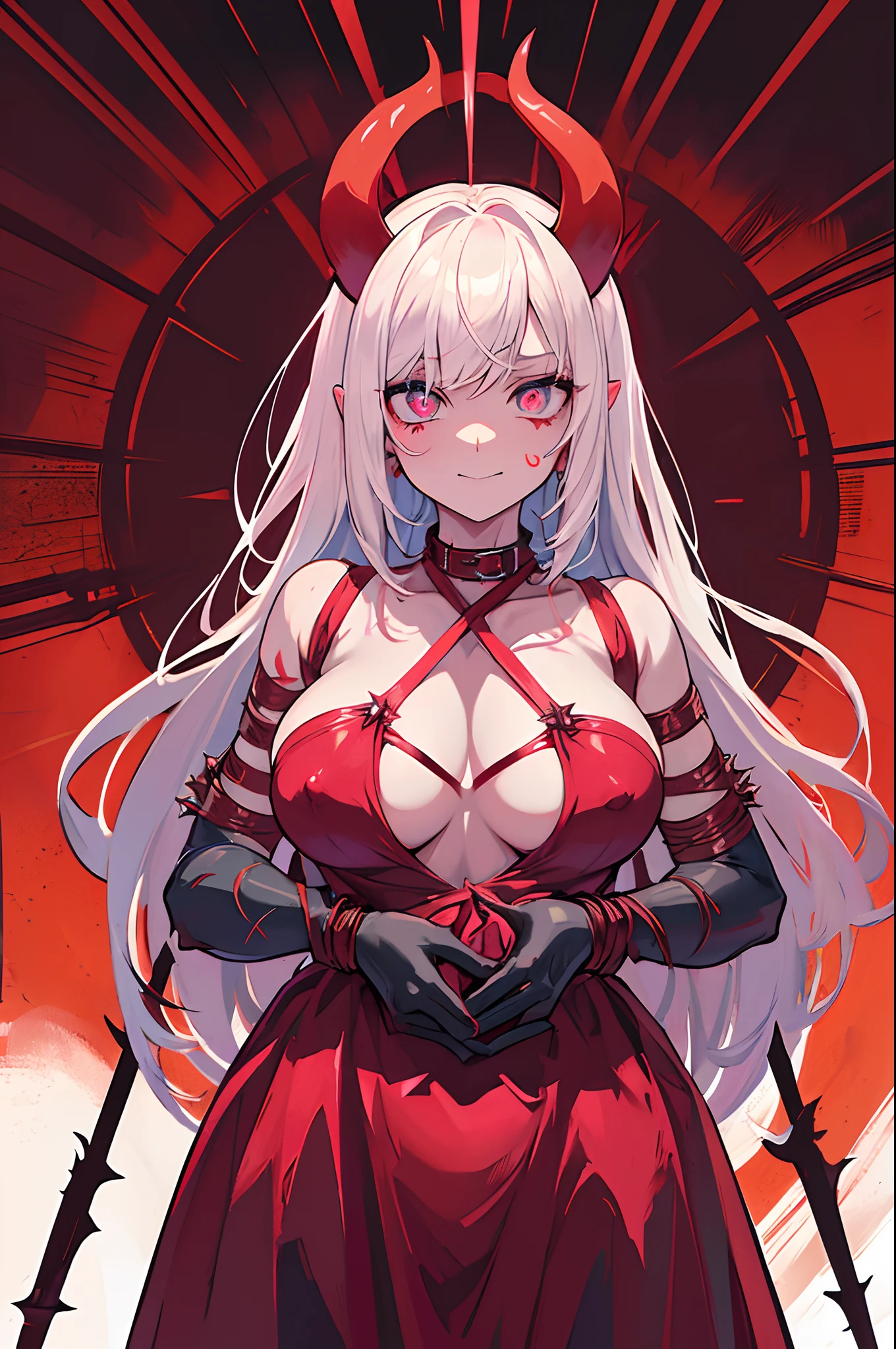 Hell prison, red dim lighting, woman, succubus, demon horns, demon tail, spikes, (breast bondage:1.4), (leg bondage:1.4), open clothes, seductive pose, arms behind back, (red glowing eyes), (covered nipples), (pink womb tattoo), seductive smile, (deep cleavase), (massive breasts), (exceptional, best quality, new, newest, masterpiece, extremely detailed, anime:1.2), (detailed face and eyes:1.3).