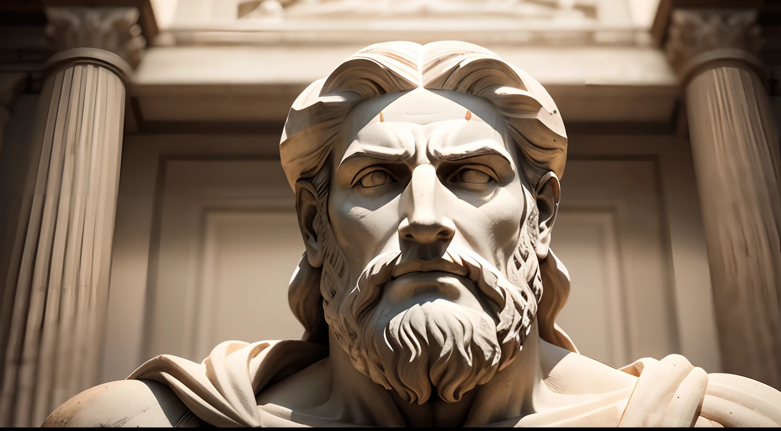 Ancient Greek statue with angry expression, tem barba, Filmado em Sony A7S III com Sony FE 35mm f/1.8, 12.1 MP, --AR 3:2 --estilo cru