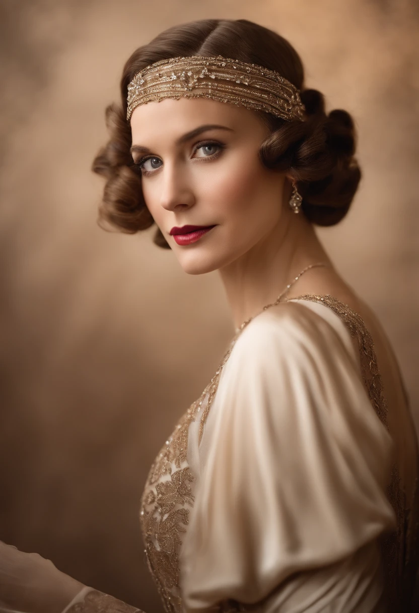 arafed woman in a brown and white dress and a headband, dystopian retro 1920s vibe, wearing 1 9 2 0 s cloth hair, helene fischer in downton abbey, up face with 1 9 2 0 s hairstyle, portrait of emily blunt as queen, 1 9 2 0 s hairstyle, stunning portrait, beautiful portrait, elegant portrait, gorgeous portrait
