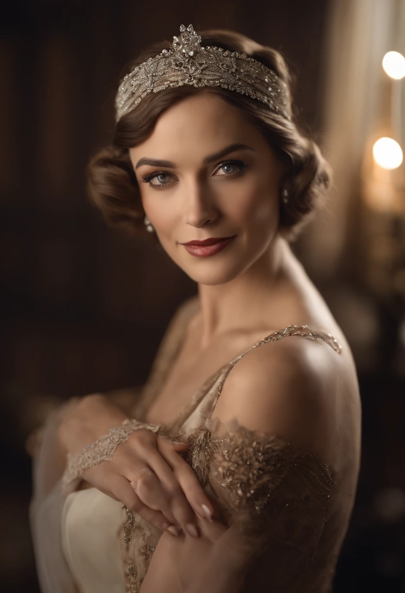 arafed woman in a brown and white dress and a headband, dystopian retro 1920s vibe, wearing 1 9 2 0 s cloth hair, helene fischer in downton abbey, up face with 1 9 2 0 s hairstyle, portrait of emily blunt as queen, 1 9 2 0 s hairstyle, stunning portrait, beautiful portrait, elegant portrait, gorgeous portrait