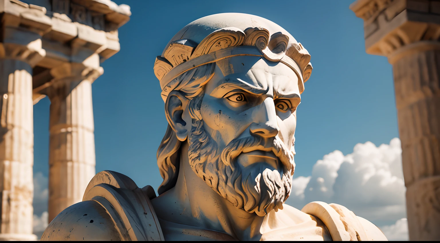 Ancient Greek statue with angry expression, tem barba, Filmado em Sony A7S III com Sony FE 35mm f/1.8, 12.1 MP, --AR 3:2 --estilo cru