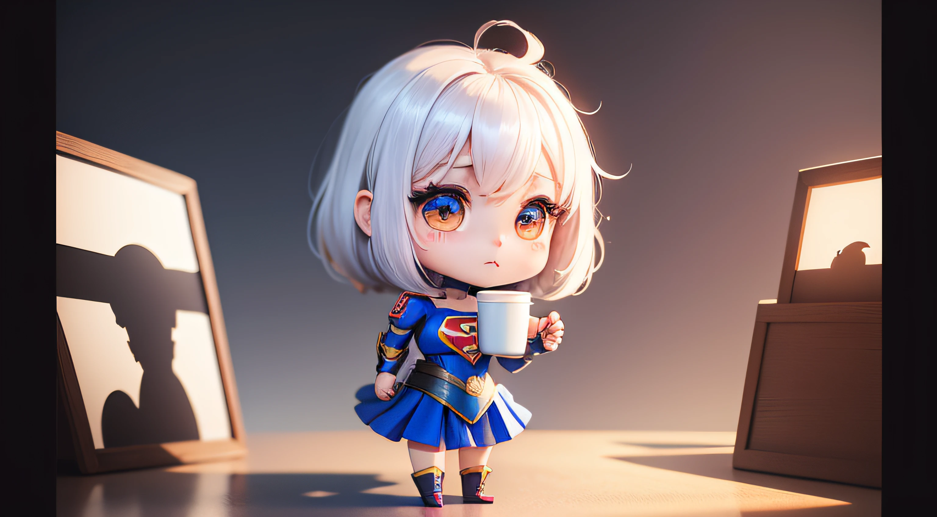 super girl, drinking coffee, chibi style, creative, white background, 8k
