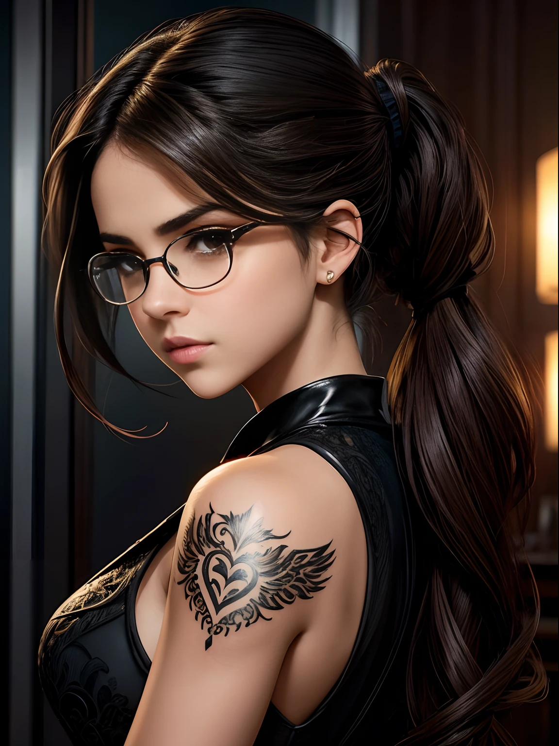 Beautiful illustration of ((Selena Gomez:emma Watson:0.8)), Eyes, dark brown, soul-penetrating. Hair, jet black, tied in a low ponytail, reaching her shoulders. Wears thin-framed glasses. Phoenix tattoo adorning the inside of her right forearm