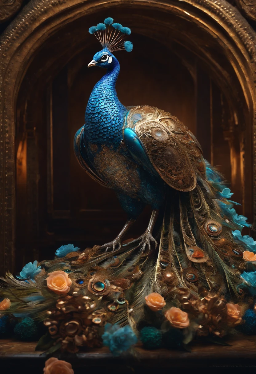 biomechanical of Indian Peafowl with mechanical feathers and, steampunk mechanical Indian Peafowl body, colorful, acrylic bubbles and flowers atmosphere, ferrofluids, water distortions. looking up, highly detailed object, intricate abstract. intricate artwork detailed. beeple. blend of organic and mechanical elements, futuristic, cybernetic, detailed, intricate, dark theme, (in awe:1.2), confident, (surprised:0.7), rich color, realistic rendring object, unreal engine 5, full shot, dynamic poses