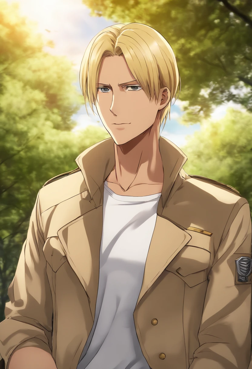 Anime, Attack On Titan, Marleyan, Tybur family, 30 year old man, medium length blonde hair going down to the end of his head, wearing a beige military jacket with white buttoned t-shirt