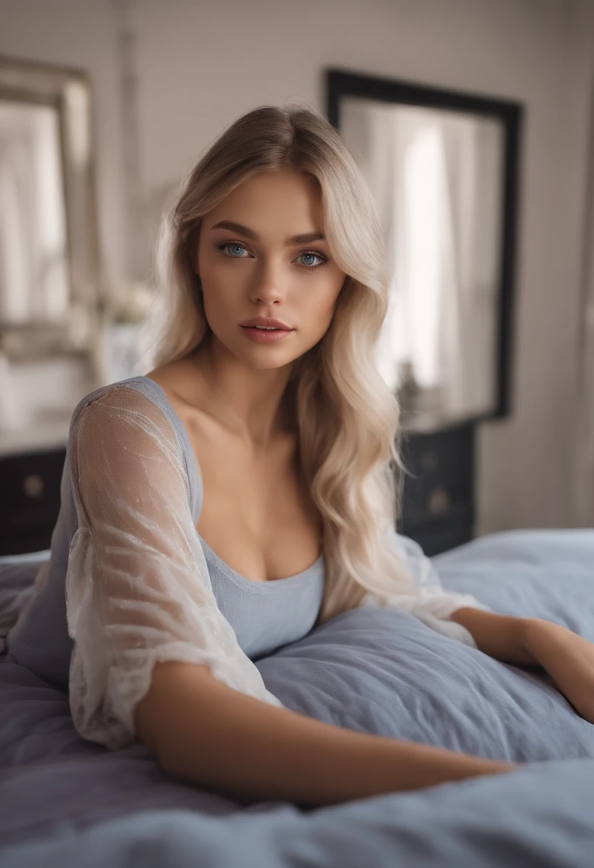 Arafed woman in full , Sexy girl with blue eyes, ultra realistis, Meticulous detail, portrait sophie mudd, blonde hair and large eyes, selfie of a young woman, bedroom eyes, violet myers, no makeup, natural makeup, looking straight at camera, face with artgram, fine makeup, Stunning full-length shot, kneeling on the bed, in bedroom, Bust of large size