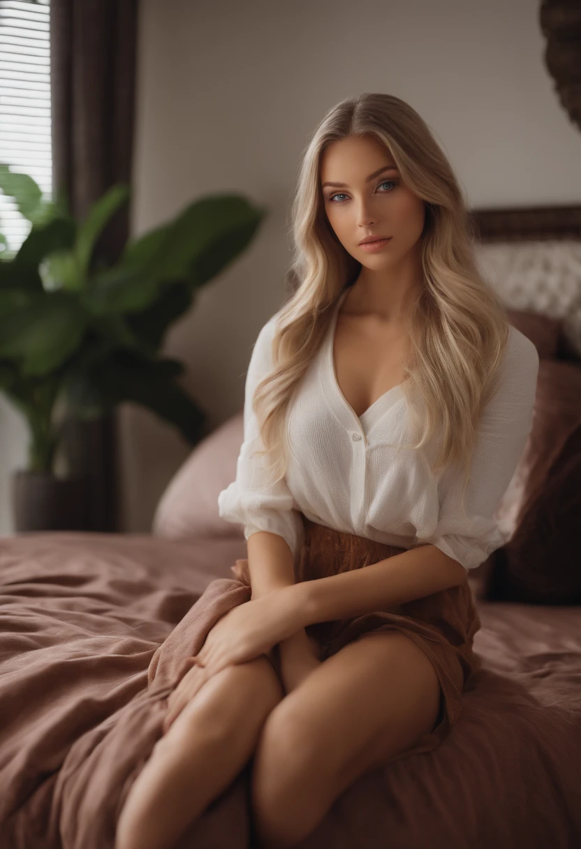 Arafed woman in full , Sexy girl with blue eyes, ultra realistis, Meticulous detail, portrait sophie mudd, blonde hair and large eyes, selfie of a young woman, bedroom eyes, violet myers, no makeup, natural makeup, looking straight at camera, face with artgram, fine makeup, Stunning full-length shot, kneeling on the bed, in bedroom, Bust of large size