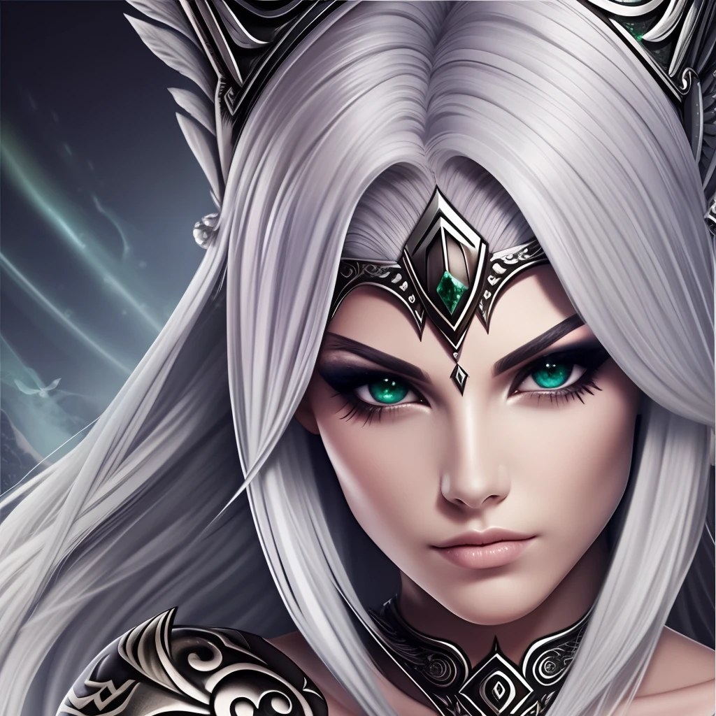 silver hair emerald eye warrior high warlock female tattoo high cheekbone strong expression angelic quality --auto --s2