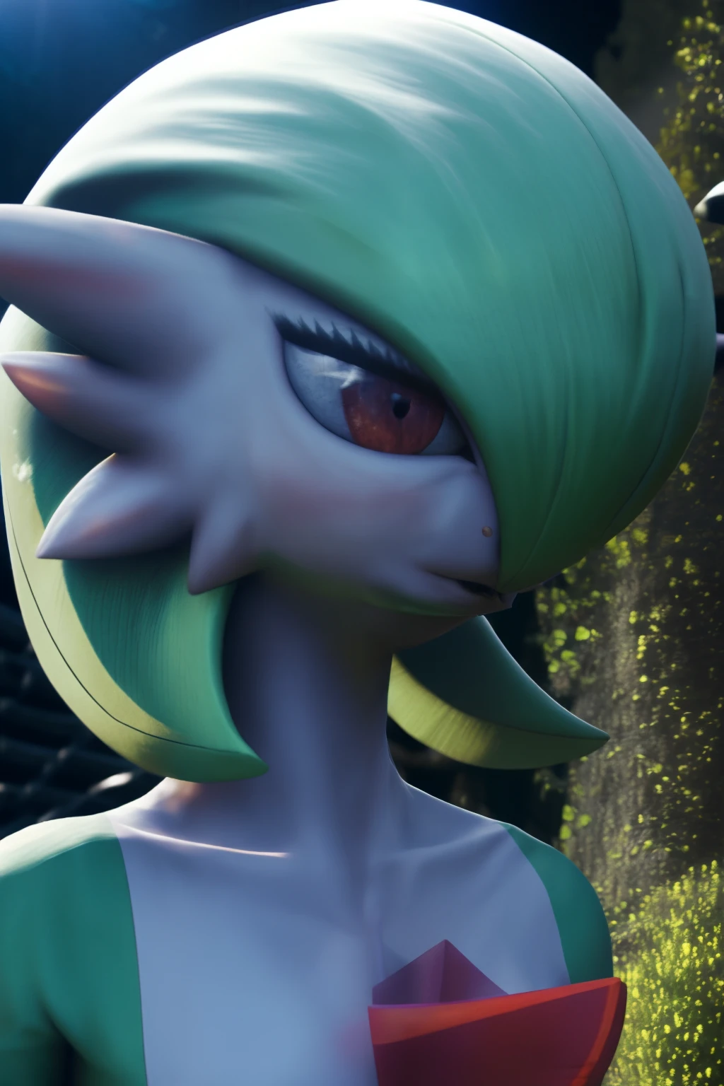 ((realistic)), ((photorealistic)),((high-res, masterpiece, best quality, cinema lighting)), masterpiece, best quality:1.2), upper body, solo, masterpiece, best quality, 4k, photograph, cinematic, modelshoo ,ultra realistic 8k cg, masterpiece, ((ultra detailed background, delicate pattern, intricate detail)), (highly detailed, fine details), best quality, (photorealistic:1.4), absurdres, RAW photo,masterpiece, best_quality, ((1girl 1.3)), solo, ((gardevoir 1.4)), creatures \(company\), game freak, nintendo, pokemon, pokemon \(game\), bangs, colored skin, female focus, gen 3 pokemon, green hair, green skin, hair over one eye, multicolored skin, pokemon \(creature\), red eyes, short hair, two-tone skin, white skin, soft smile,cute, day, forest