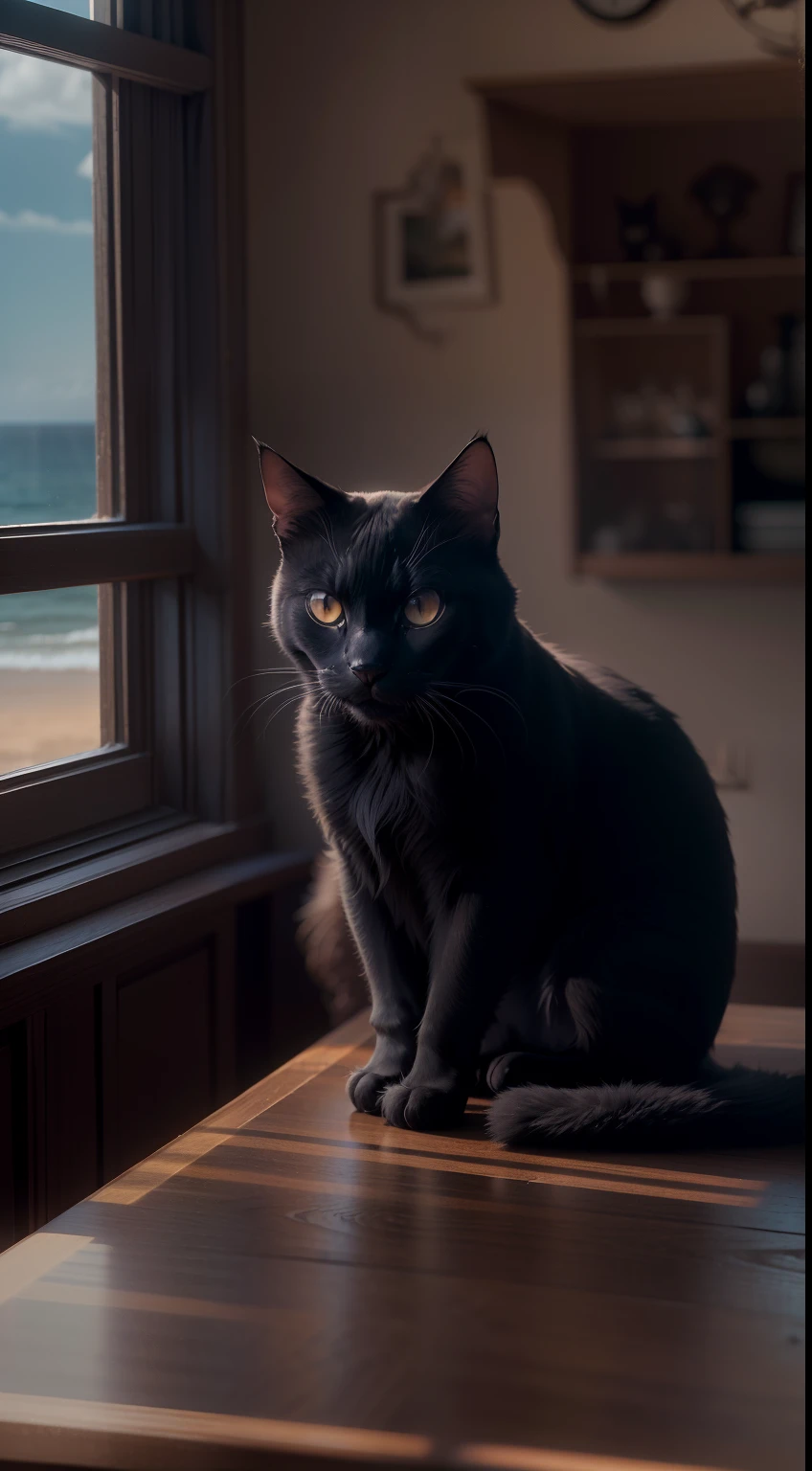 Black cat sitting on table,View the sea from the window in a dimly lit room, abajour (Best Quality, Detailed details, masutepiece, , 4K, Chiaroscuro,The pictures are very realistic and realistic, Highly detailed Canon videography )