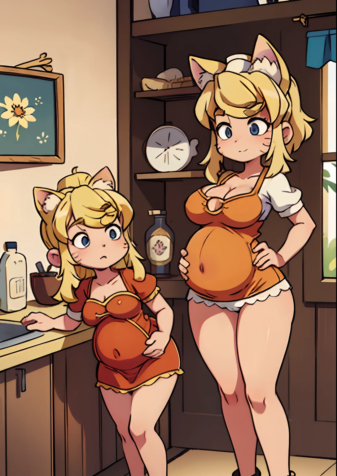 4k, masterpiece, sandy blonde hair, busty, middle aged, house wife, wearing an apron, cameltoe, liru, wolfgirl, maid inspired outfit, wolf ears, pregnant, maternity dress