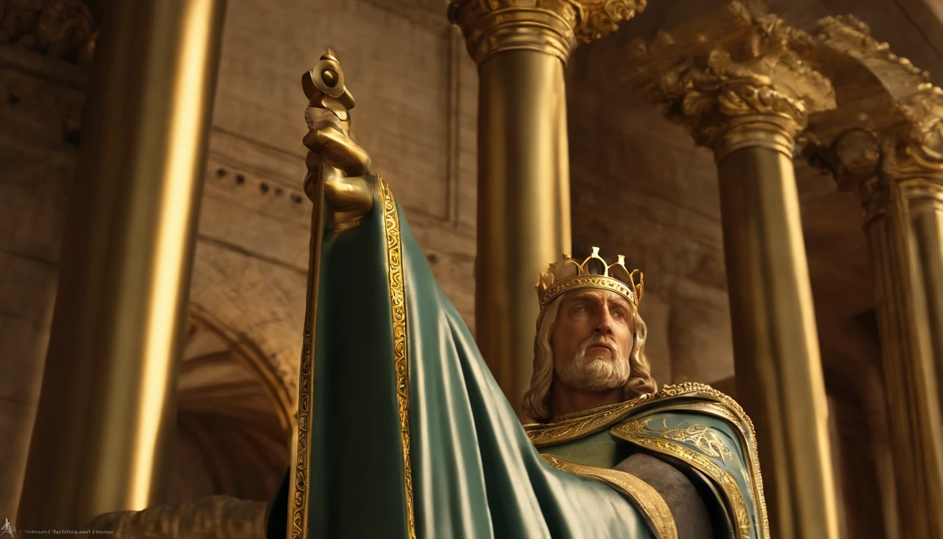 Create a realistic 3D rendering of the statue of King Baldwin IV of Jerusalem. Destaque sua postura majestosa e determinada, apesar da lepra que o afligia. The statue should convey a sense of solemnity and courage, representing the remarkable leadership of this historic king.