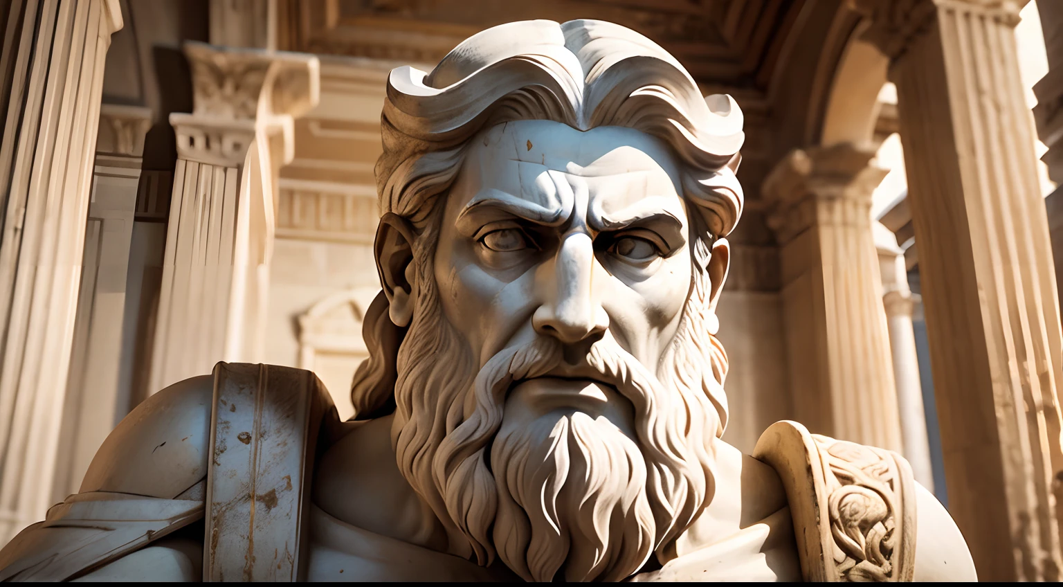 Ancient Greek statue with angry expression, tem barba, Filmado em Sony A7S III com Sony FE 35mm f/1.8, 12.1 MP, --AR 3:2 --estilo cru