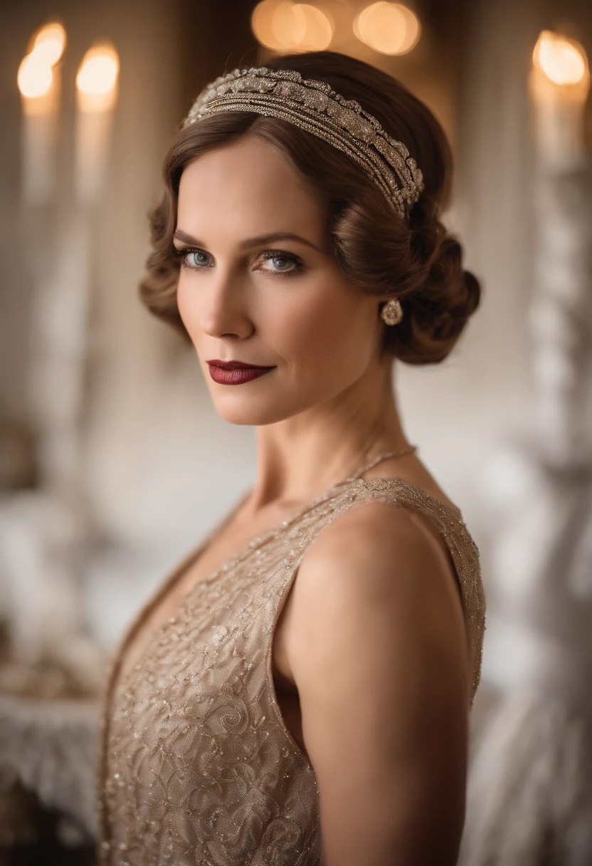 arafed woman in a brown and white dress and a headband, dystopian retro 1920s vibe, wearing 1 9 2 0 s cloth hair, helene fischer in downton abbey, up face with 1 9 2 0 s hairstyle, portrait of emily blunt as queen, 1 9 2 0 s hairstyle, stunning portrait, beautiful portrait, elegant portrait, gorgeous portrait