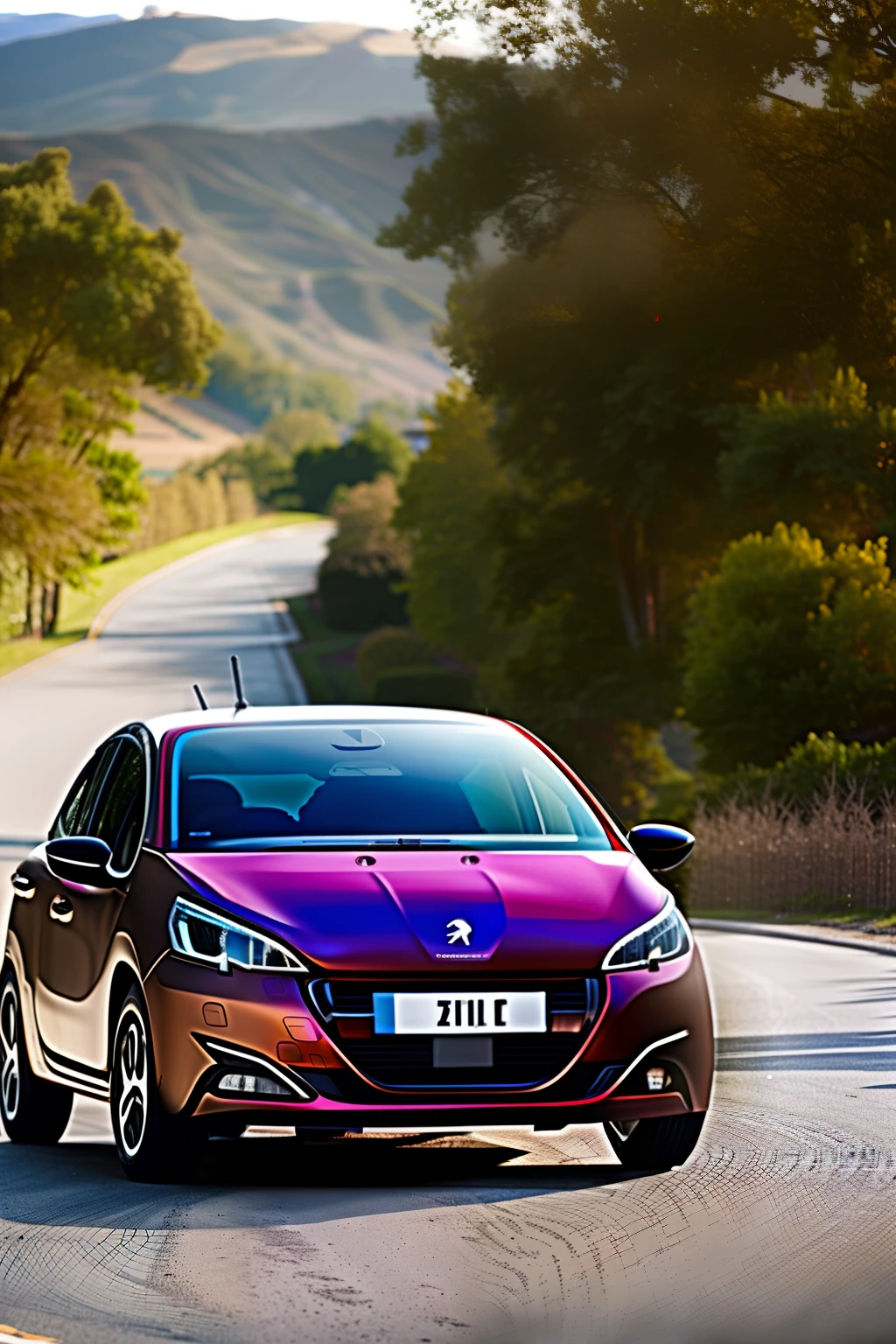 A glossy black Peugeot 208 navigating the city's winding roads.