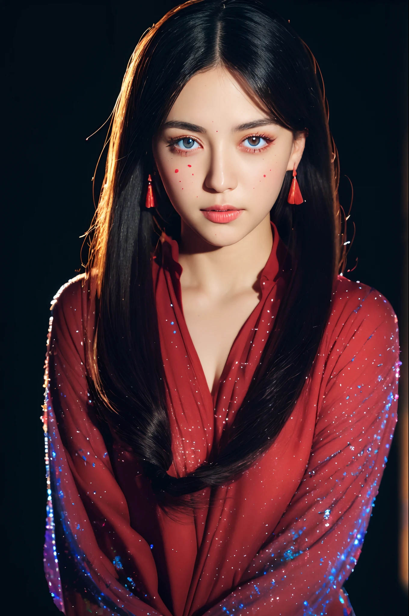(masterpiece, best quality, ultra-detailed, best shadow), (detailed background,dark fantasy), (beautiful detailed face), high contrast, (best illumination, an extremely delicate and beautiful), ((cinematic light)), colorful, hyper detail, dramatic light, intricate details, (1 girl, solo,black hair, sharp face,low twintails,red eyes, hair between eyes,dynamic angle), blood splatter, swirling black light around the character, depth of field,black light particles,(broken glass),magic circle,