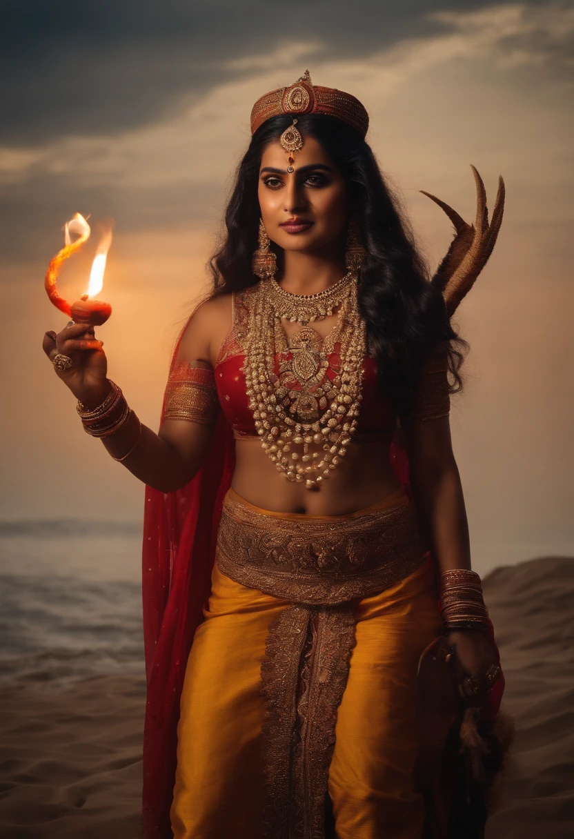 An ancient Indian goddess maa kali, holding a trishul, standing on the ground, lion standing near by, little clothes, and the background is full of a sea of fire that fills the sky, lion standing background