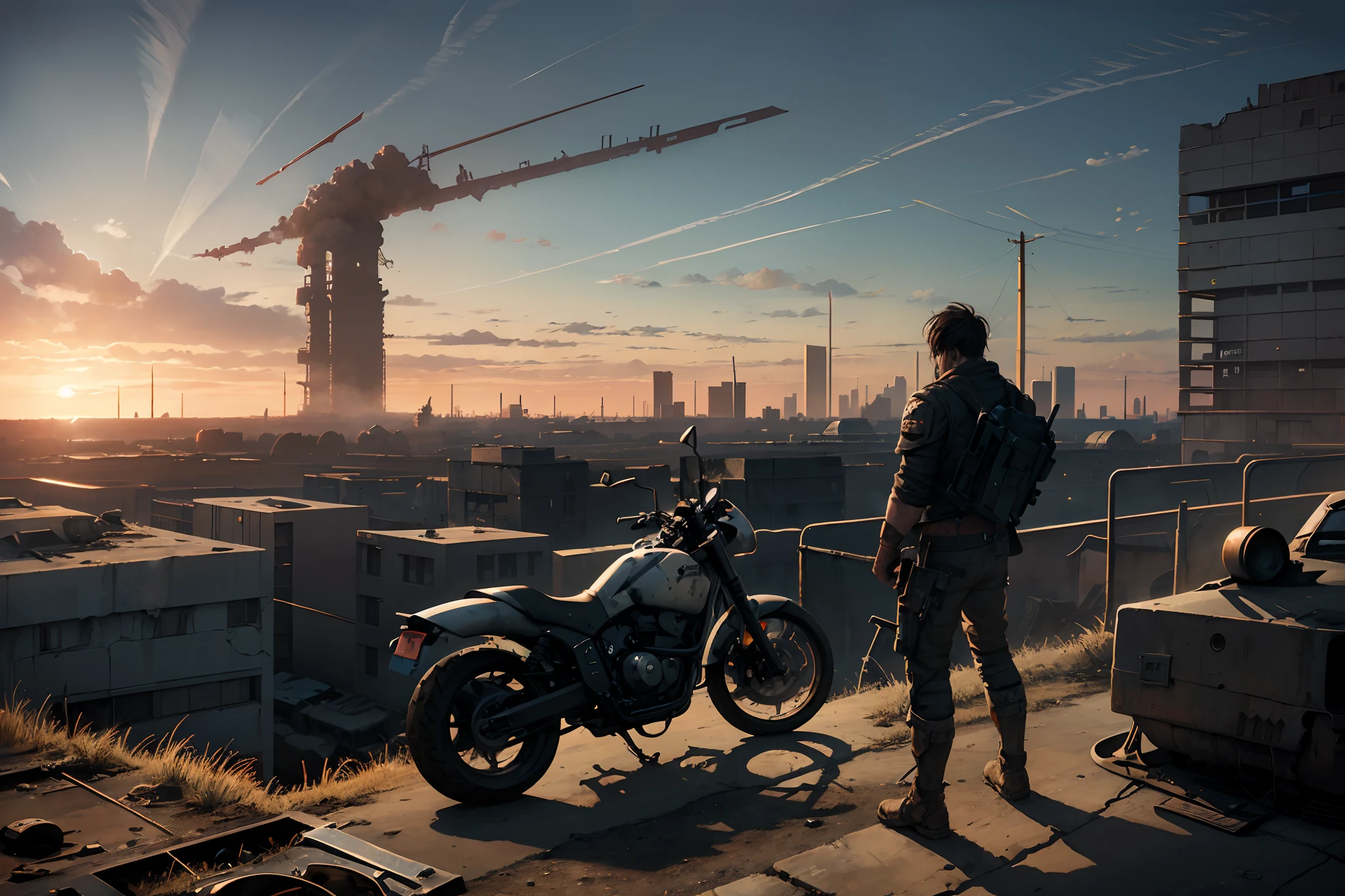 Concept art, apocalyptic wasteland, hand-drawn drawing, thick paint, hand-painted texture, low saturation, science fiction, scenery, sky, city, building, cloud, ground vehicle, motor vehicle, solo, outdoors, 1boy, cityscape, motorcycle, ruins, sitting, sunset