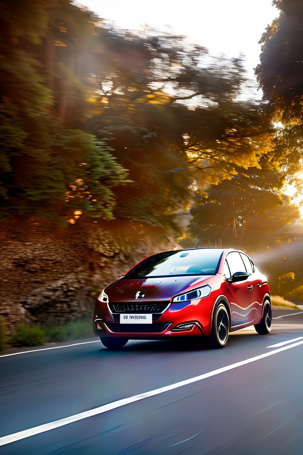 A glossy black Peugeot 208 navigating the city's winding roads.