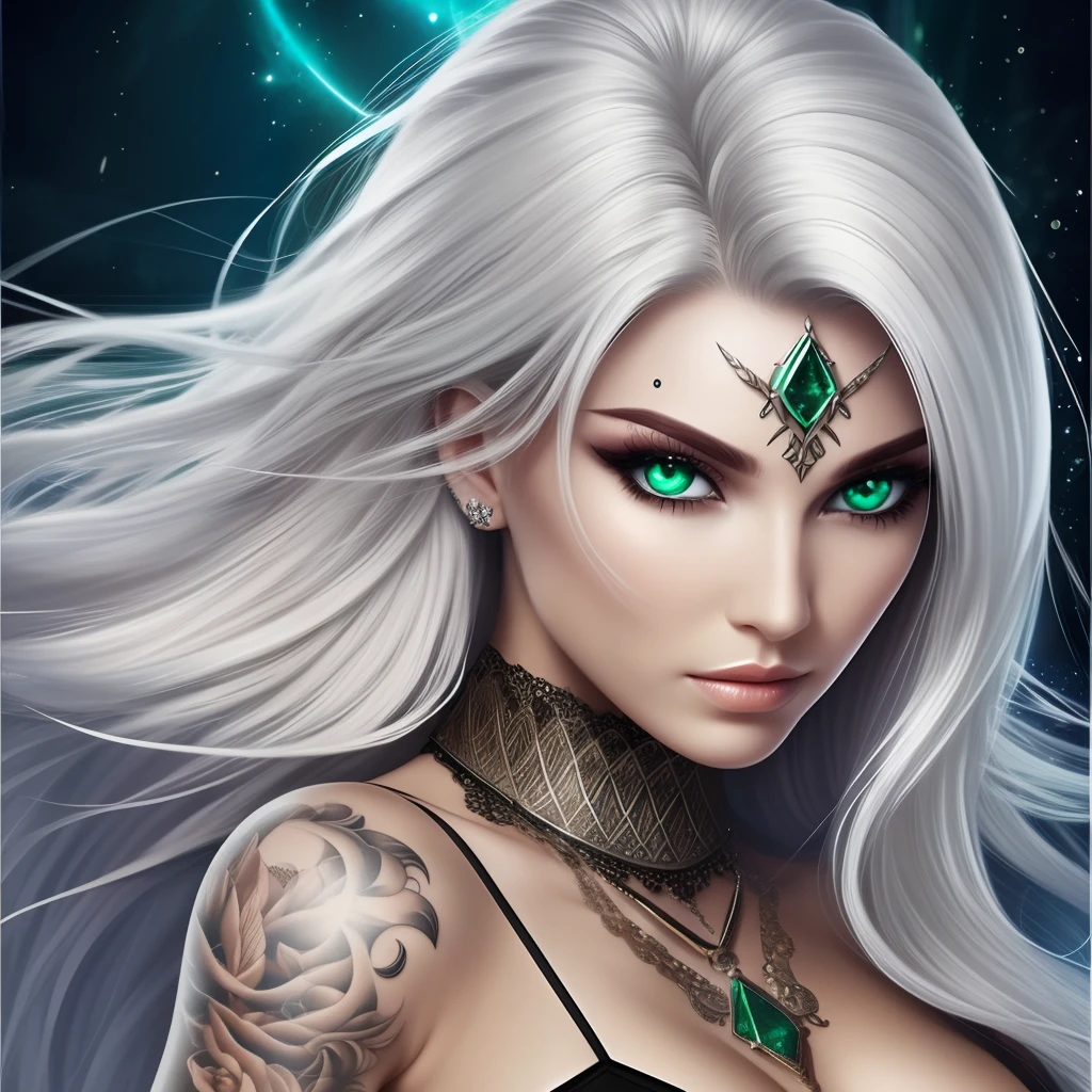 silver hair emerald  eye warrior high warlock female tattoo high cheekbone strong expression angelic quality --auto --s2