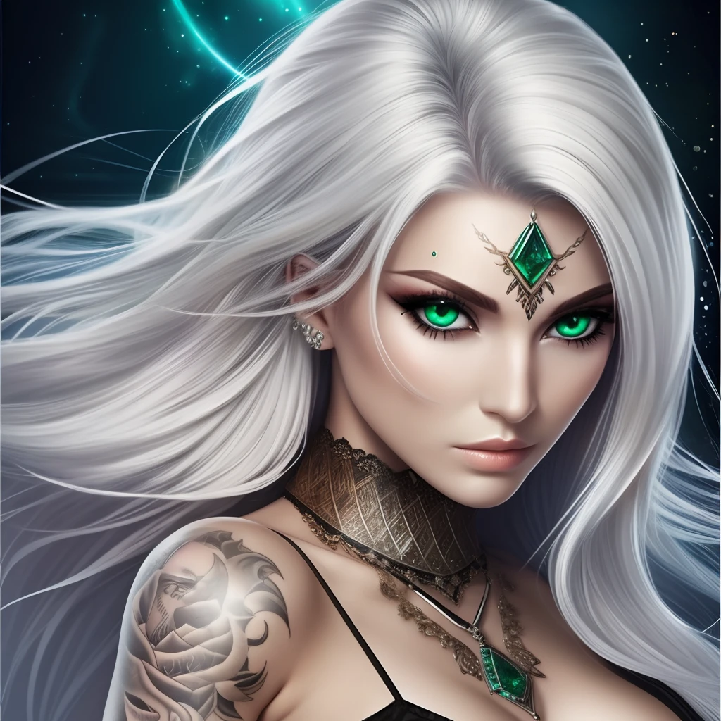 silver hair emerald  eye warrior high warlock female tattoo high cheekbone strong expression angelic quality --auto --s2