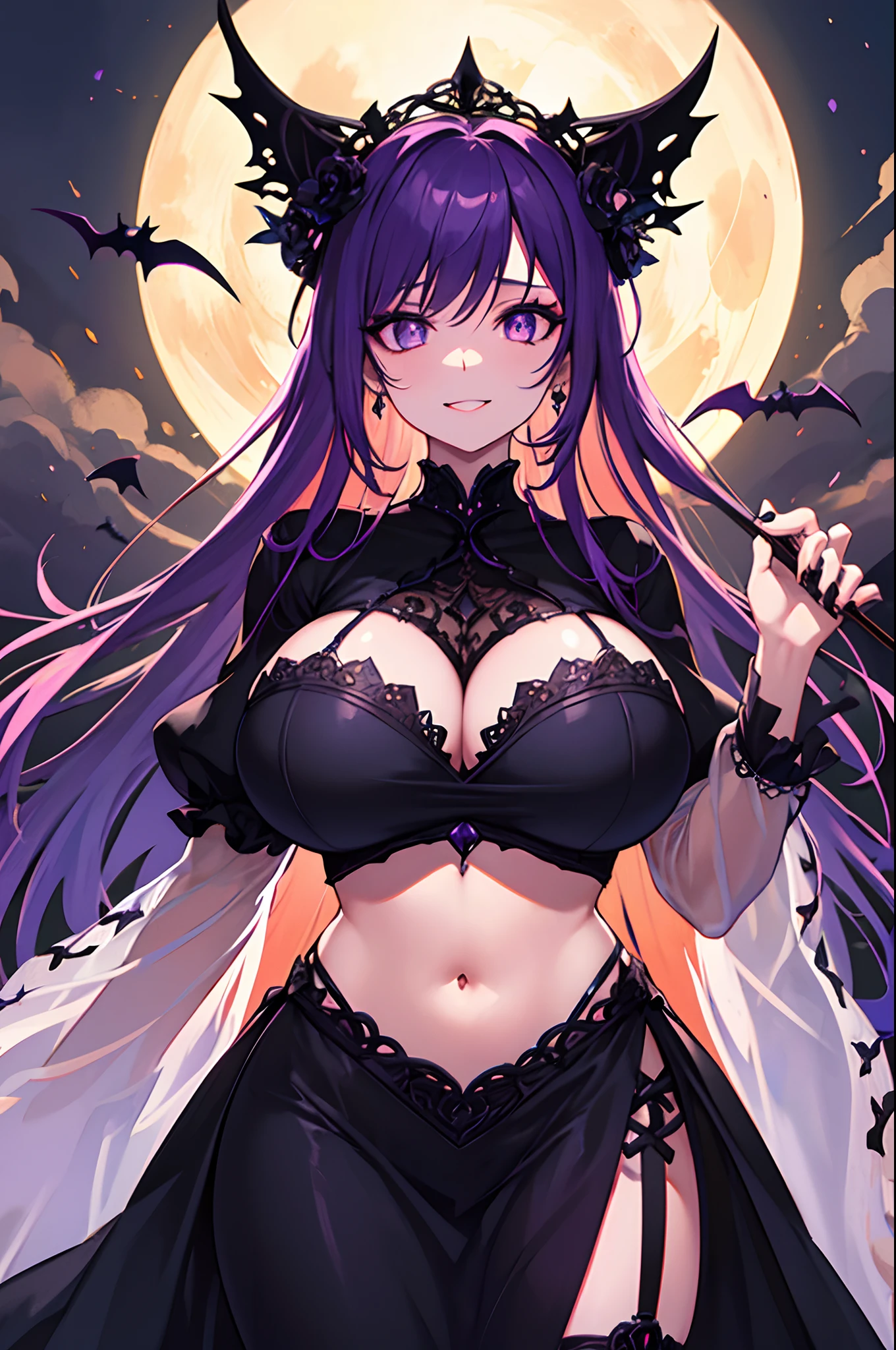 Halloween goth wearing purple and orange, (soft huge breasts:1.3), ecstatic smile, heavy makeup, bright eyes, heavy eyeliner, gothic makeup, pale complexion, purple lipstick, deep purple eyeshadow, purple and orange hair, black lace choker, long black nails, elaborate purple and orange costume, frilly lace sleeves, corset, floral pattern, visible thighs, visible navel, gothic jewelry, smoky atmosphere, hauntingly beautiful, enchanted forest background, full moon in the sky, mysterious darkness, purple and orange lighting, ethereal aura, ominous shadows, dramatic pose, confident stance, legends and myths, fantasy-inspired, gothic romance, vintage goth aesthetics, dark elegance, majestic and alluring, witchcraft and enchantment, intricate details, magical ambiance, witchy vibes.